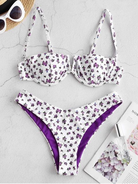 Zaful Bikini Fruncido De Corte Bajo V Purple