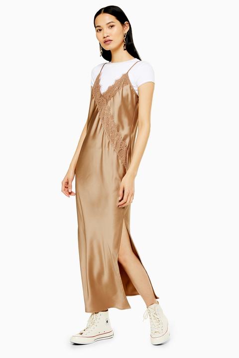 bronze satin slip dress