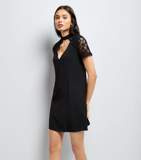 Black Lace Trim Choker Tunic Dress