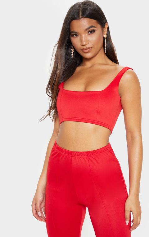 Red Square Neck Zip Back Crop Top, Red