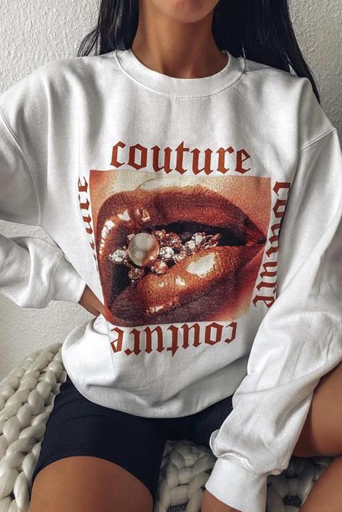 White Couture Graphic Slogan Sweatshirt