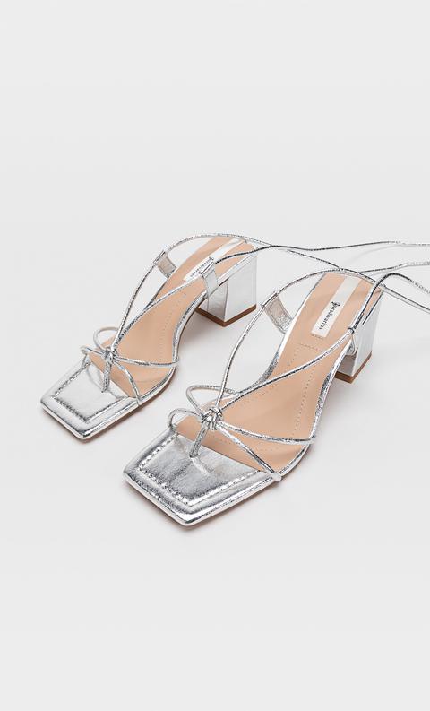 Stradivarius Sandales À Talon Avec Des Brides Nouées Argent 41