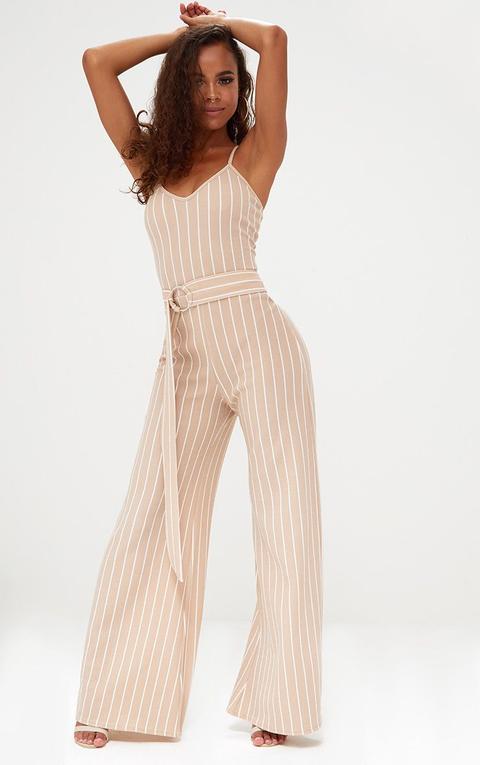 Petite Stone Pinstripe O-ring Belt Jumpsuit, White