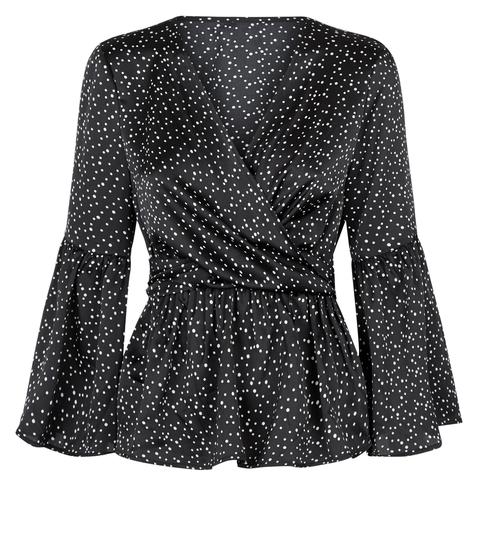 Urban Bliss Black Spot Satin Peplum Blouse New Look