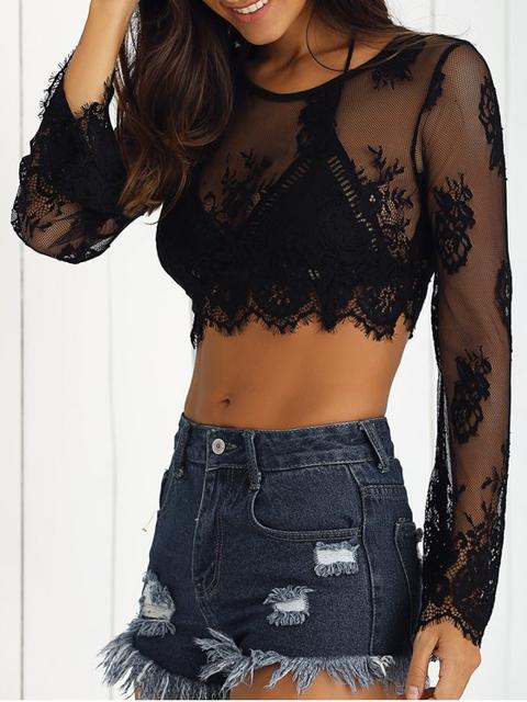 Black Lace Long Sleeve See-through Crop Top Belly Shirts