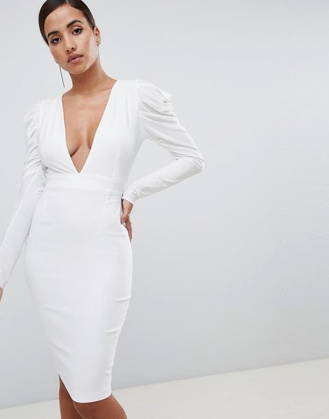 Vesper - Vestito Midi Bianco Con Scollo Profondo E Maniche Arricciate - Bianco