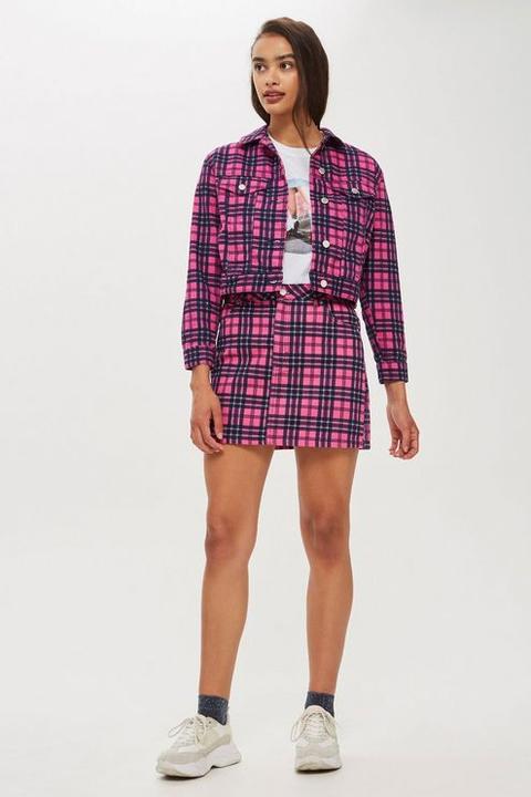 Womens Pink Check Denim Skirt - Pink, Pink