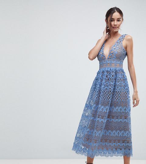 Boohoo - Vestito Midi In Pizzo - Blu