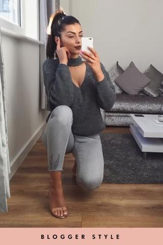 Baylee Grey Sparkle Choker Neck Jumper