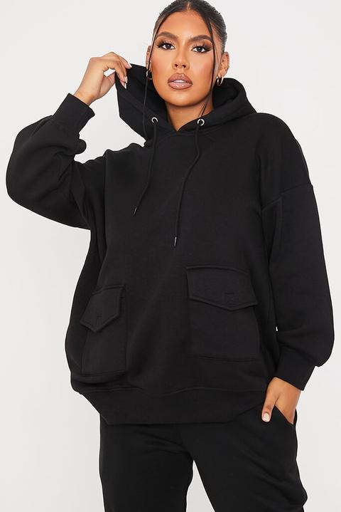 Black Brushback Super Oversized Pocket Front Hoodie , Black