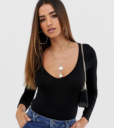 Body Básico Negro Con Cuello En V Y Manga Larga De Boohoo