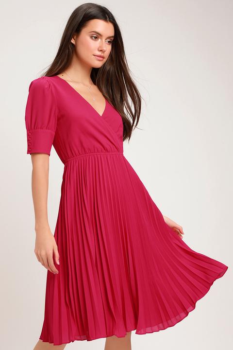 pink pleated midi dress