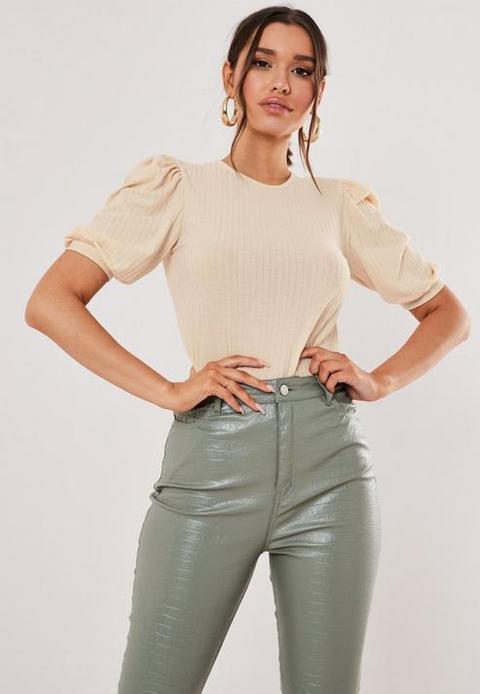 Sand Ribbed Puff Detail Short Sleeve Top, Camel