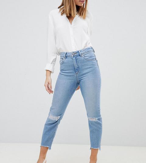 Asos Design Petite Farleigh High Waisted Slim Mom Jeans In Light Vintage Wash With Busted Knees