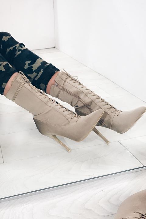 Megan Mckenna Nude Pointed Lace Up Heeled Boots