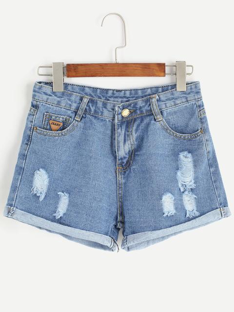 Pale Blue Strappato Cuffed Denim Shorts