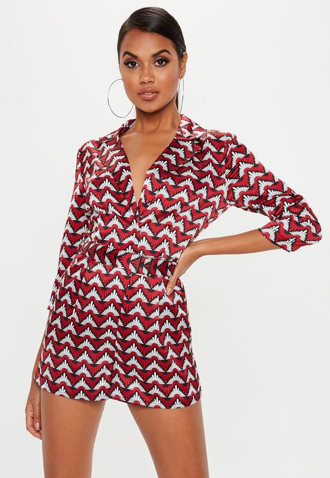 Red Geo Print Blazer Playsuit, Red
