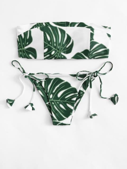 Set De Bikini Bandeau Con Estampado De Selva