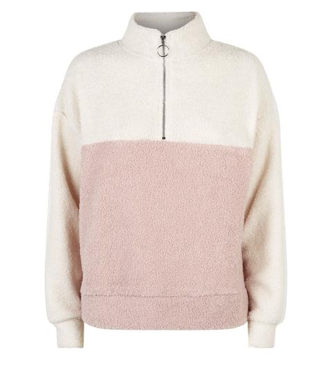 Petite Pink Half Zip Colour Block Borg Sweatshirt New Look