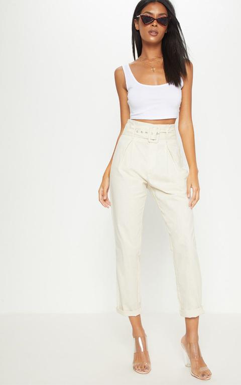 Cream Belted Paperbag Tapered Trouser, White