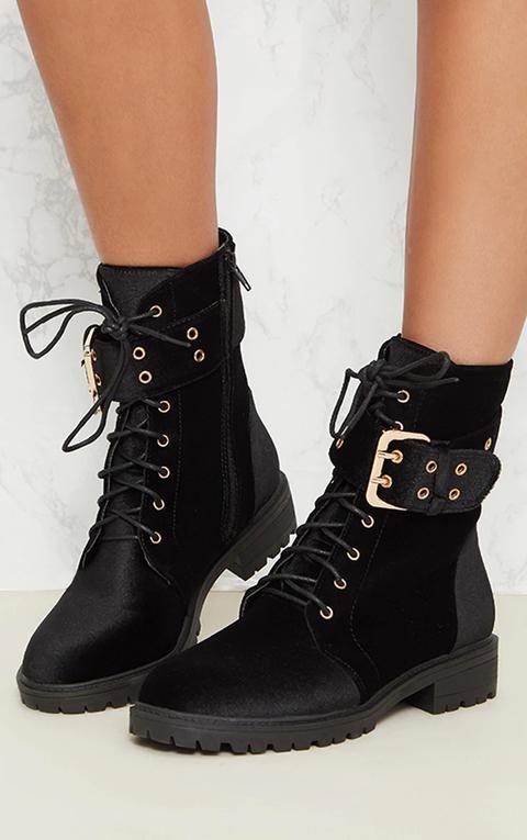 Black Velvet Buckle Side Biker Boot, Black