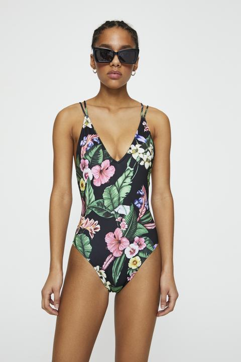 Bañador Negro Estampado Flores