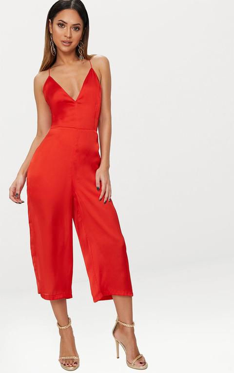 Red Satin Plunge Culotte Jumpsuit