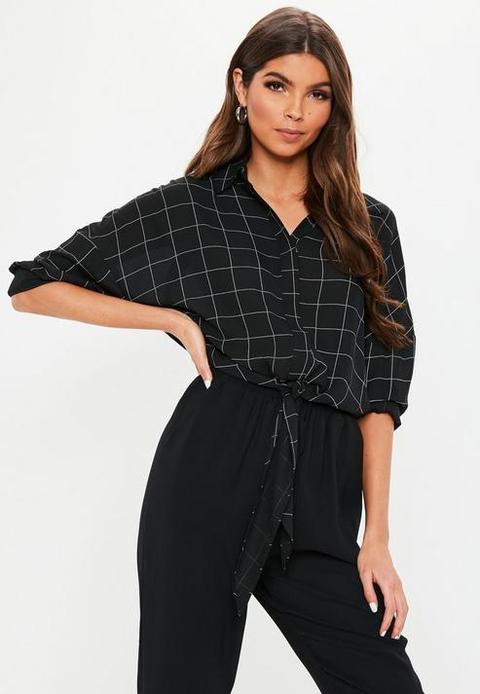 Black Cropped Grid Tie Hem Shirt, Black