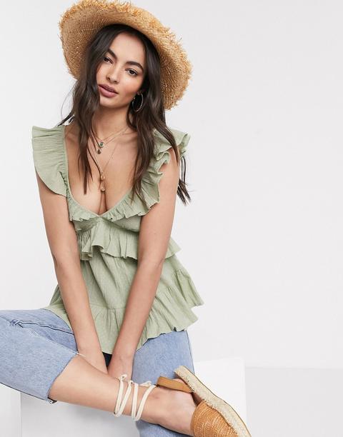 Top Veraniego Con Volante En Algodón De Plumeti Color Caqui De Asos Design-verde