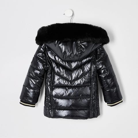 Mini girls black faux deals fur trim padded coat