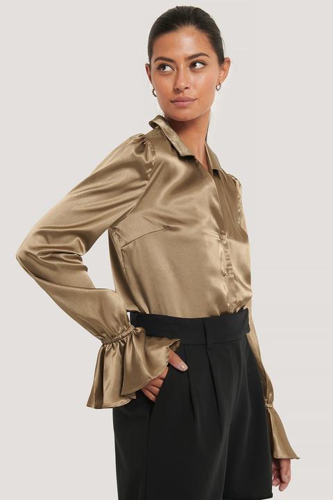 Afj X Na-kd Frill Sleeve Satin Shirt - Beige