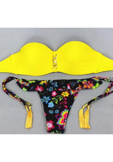 Costumi Da Bagno Floreale 2-in-1 Nappa Increspata A Catena Giallo