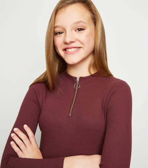 Girls Burgundy Ribbed Half Zip Long 