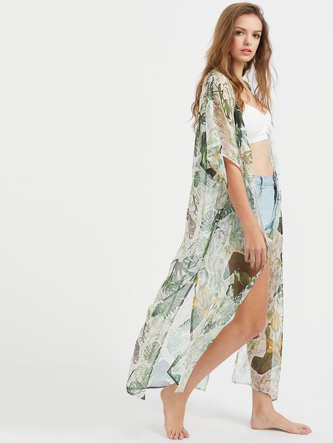 Tropical Print Side Slit Maxi Kimono