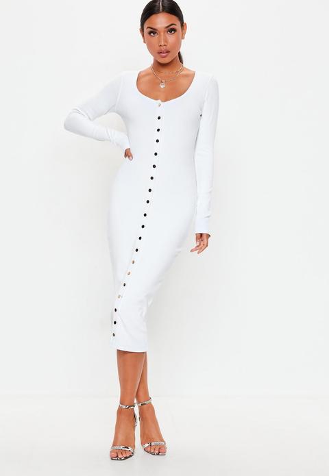 Tall White Rib Long Sleeve Popper Midi Dress, White