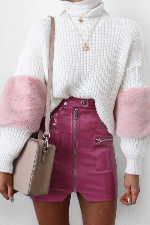 White Chunky Knit Fur Sleeve Jumper - Kimberly