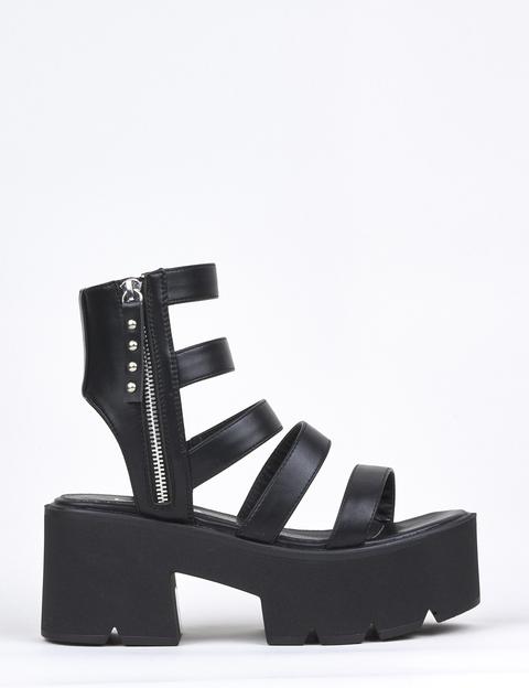 Elevators Strapped Platform Sandals In Black Pu