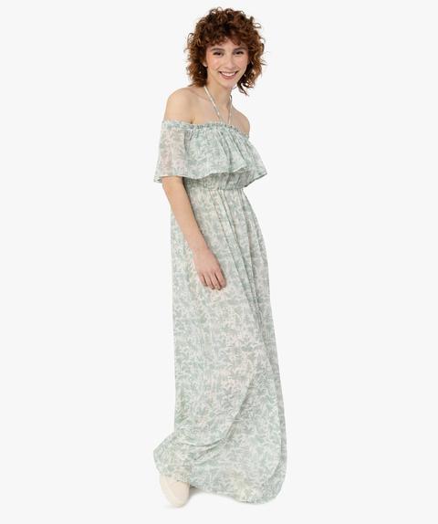 Robe Longue Femme Imprimée Avec Grand Col À Volant Imprime