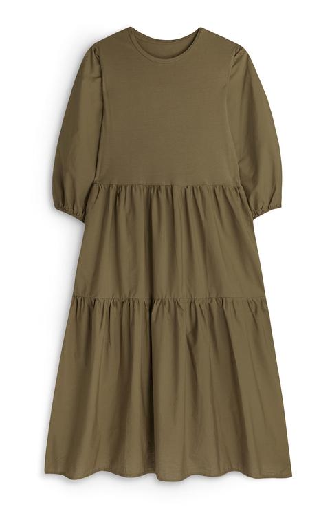 Khaki Mid Sleeve Poplin Tiered Midi Dress