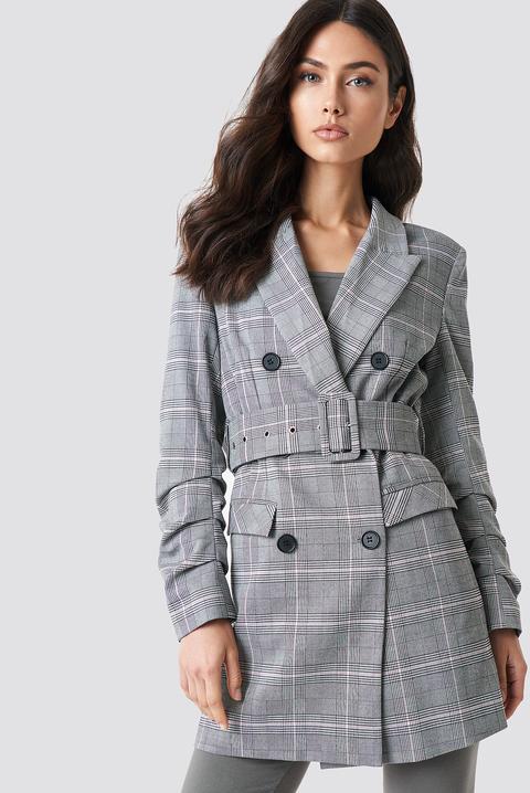 Long Checkered Belted Blazer Grau