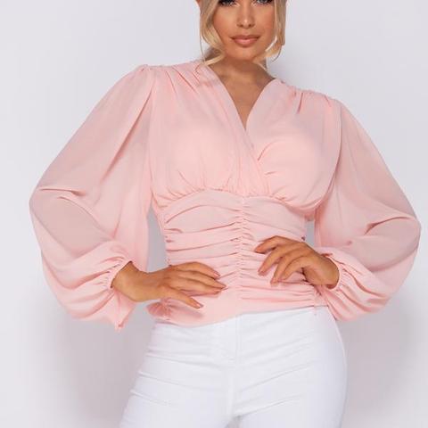 Pink Shirring Detail Wrap Front Top