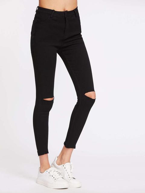 Knee Cut Frayed Hem Skinny Jeans