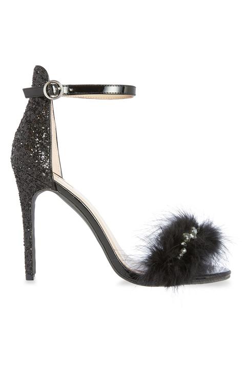 Black Glitter Fluffy Heel