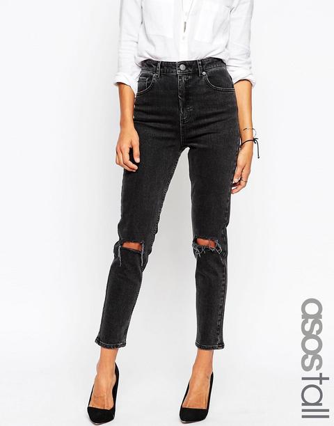 Vaqueros Mom Slim De Talle Alto En Negro Desgastado Con Rotos En Las Rodillas Farleigh De Asos Tall