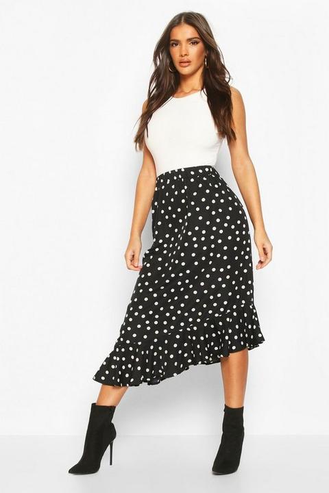 Polka Dot Ruffle Hem Midi Skirt, Negro