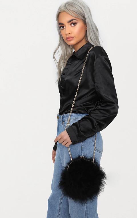 Black Marabou Feather Circle Clutch Bag, Black