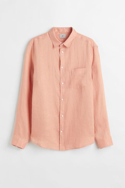 Camisa De Lino Regular Fit - Naranja