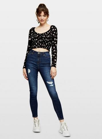 Womens Floral Print Long Sleeve Shirred Sweetheart Neck Crop Top, Black