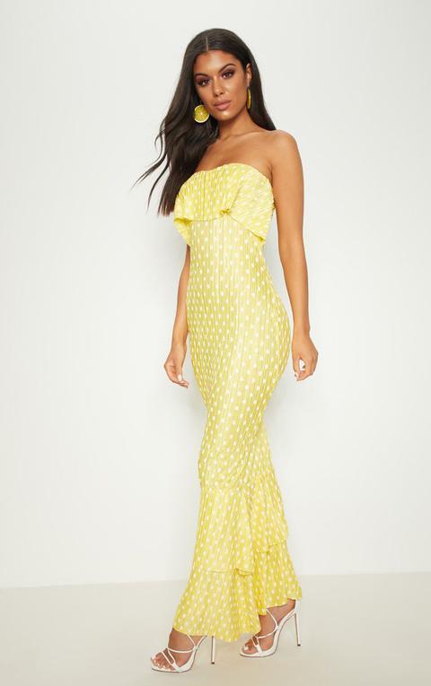 Yellow Polka Dot Plisse Ruffle Fishtail Maxi Dress