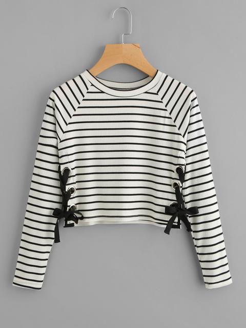 Striped Eyelet Lace Up Side Tee